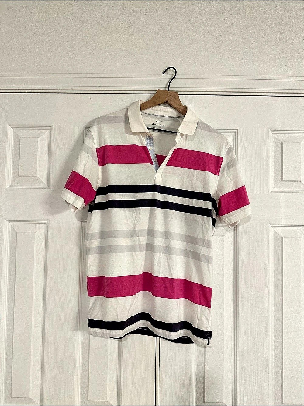 Nike Dri-FIT Striped Polo Shirt White & Pink Size Medium